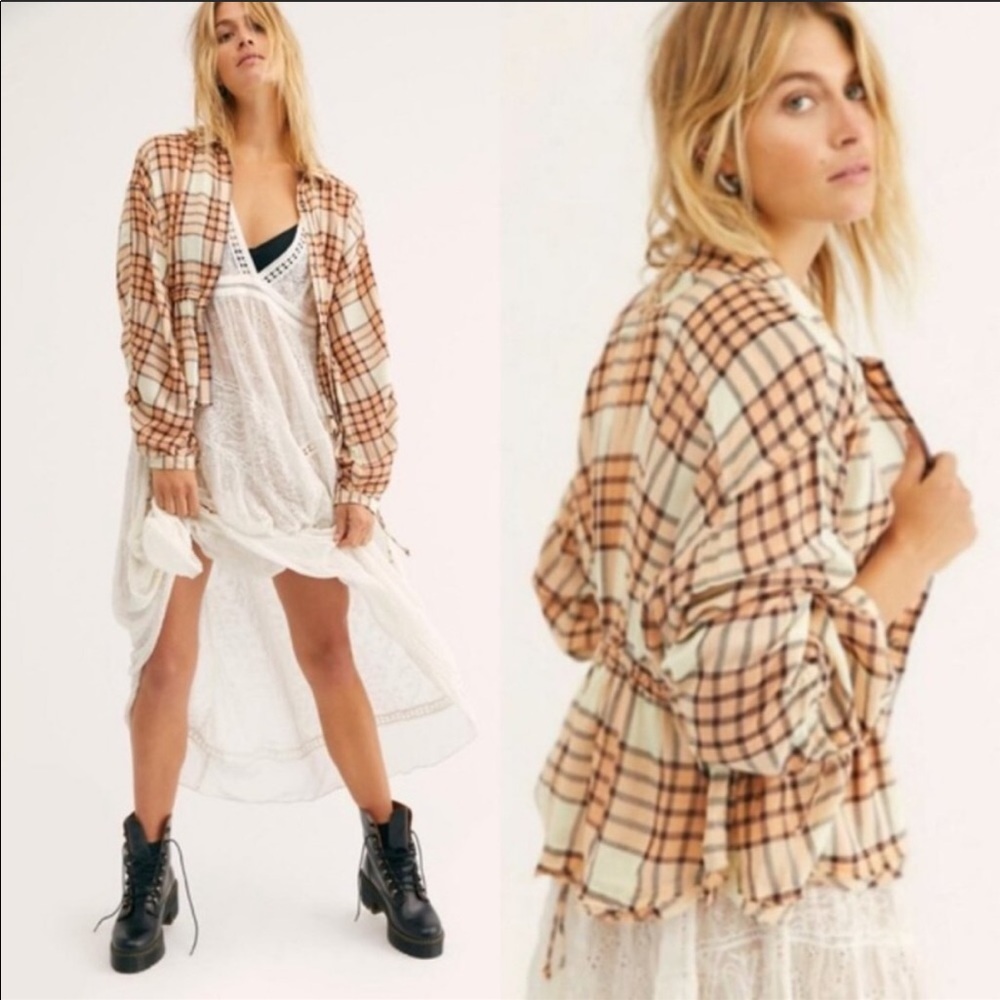 NWT Free People Peach Tree Combo Plaid Button Up